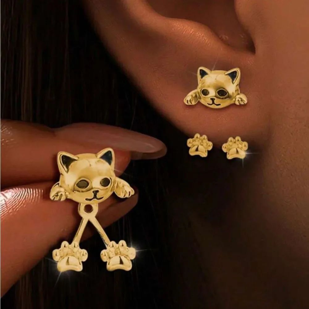 Gold Tone Cat Dangle Stud Earrings A1630
